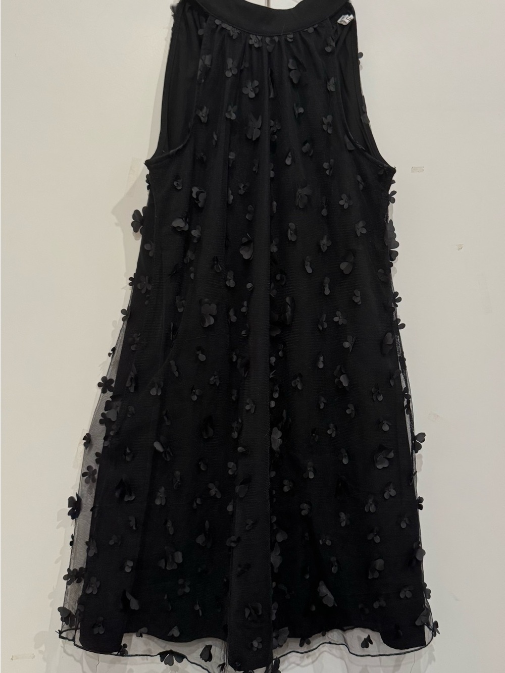 Black A Line Floral Appliqué Back  Tie Madmen 60s Sleeveless Cocktail Dress M